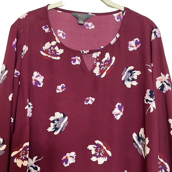 Mix by 41 Hawthorn Womens Chiffon Tunic Blouse 2X Burgundy Floral 3/4 Sleeve - Picture 2 of 5